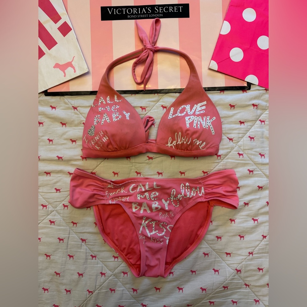 VS PINK VINTAGE Y2K BIKINI SWIMSUIT “CALL ME BABY” KISS LOVE 1986 BLING RARE M/L - Picture 1 of 11